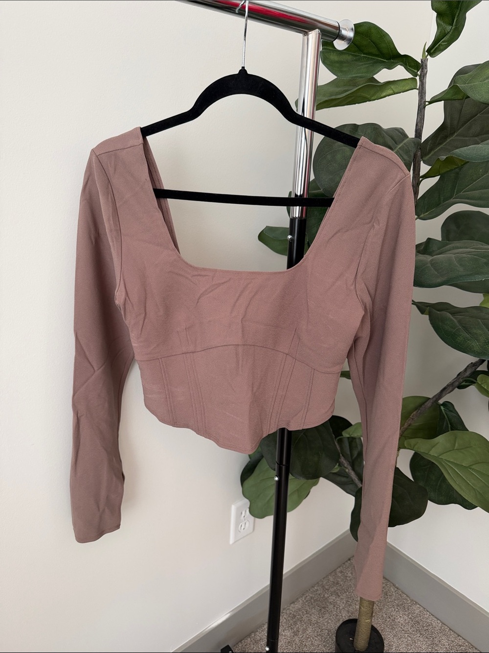 Abercrombie & Fitch Tan Long Sleeve Square Neck Crop Top w/corset style detail